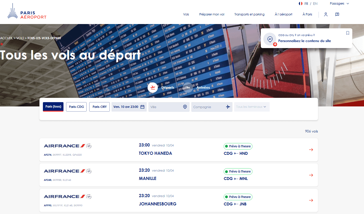 Screenshot of the Paris Aéroport website