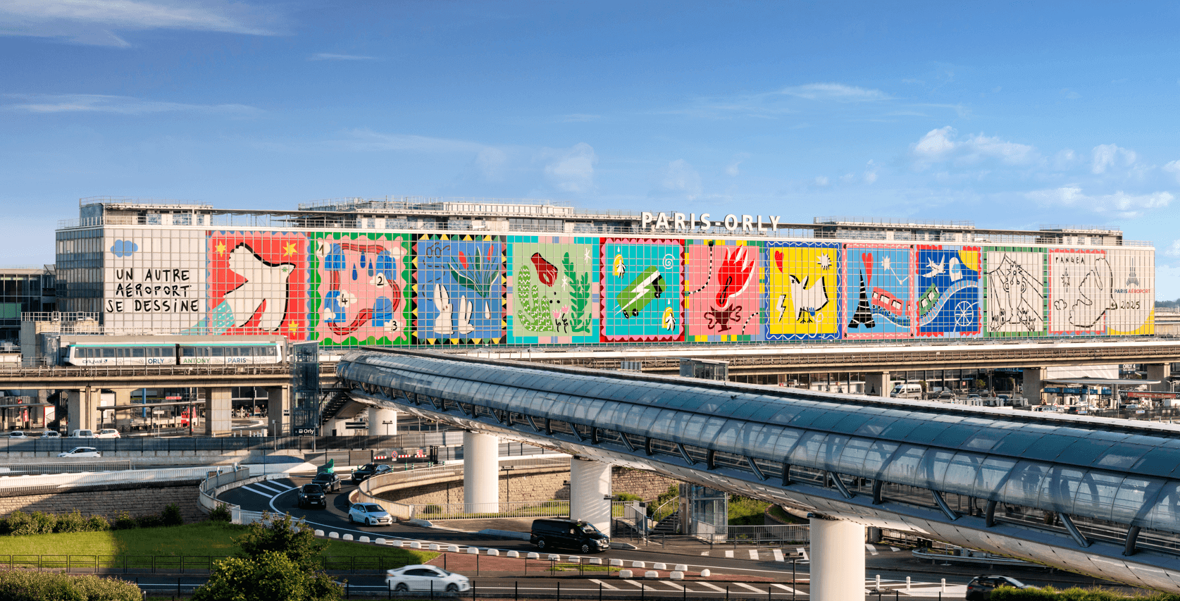 The mural “Un autre aéroport se dessine: 2022-2025” at Paris-Orly created by Pangea